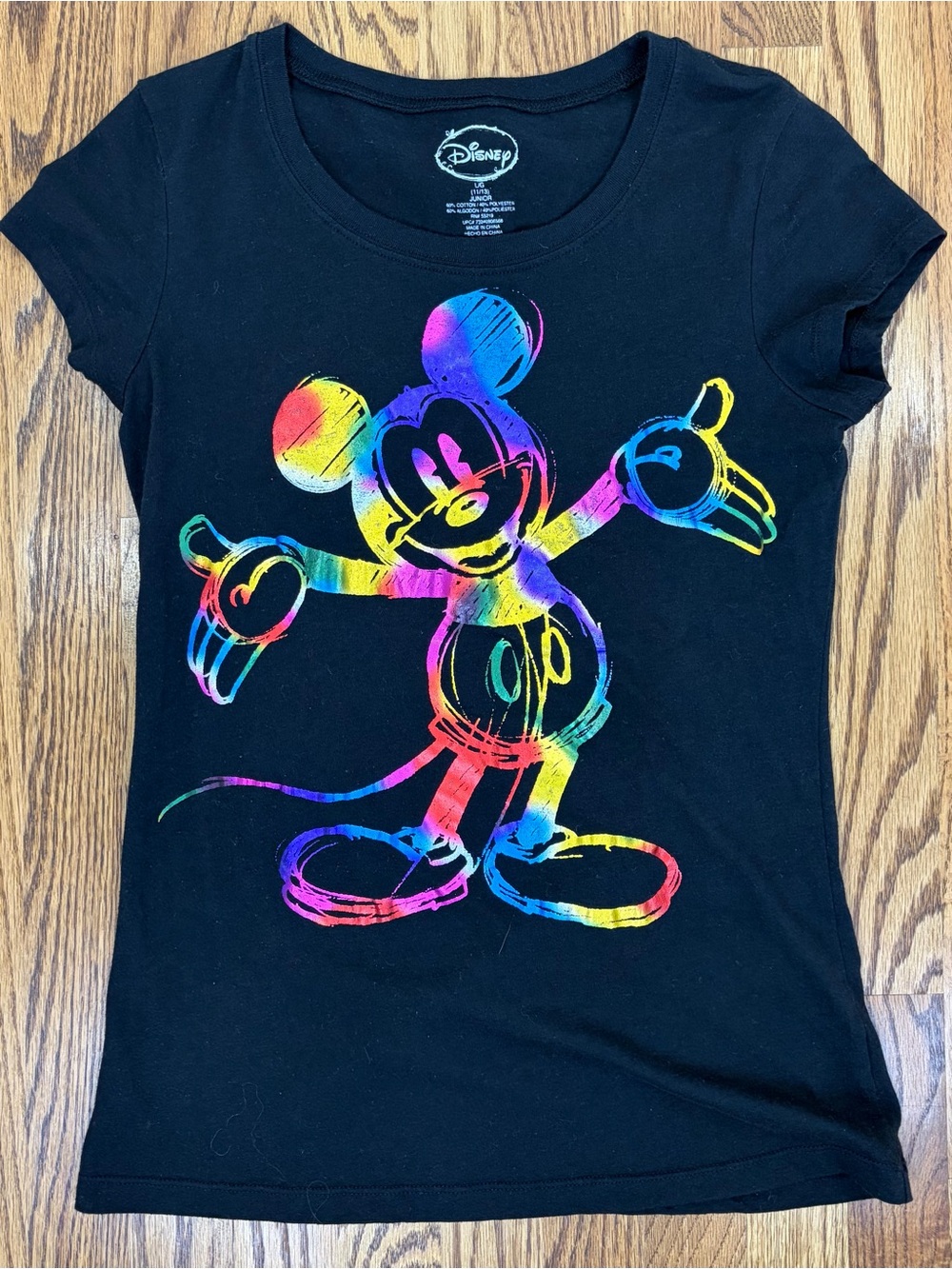 Disney Black Tee with Iridescent Rainbow Mickey Sketch Graphic (L 11/13)